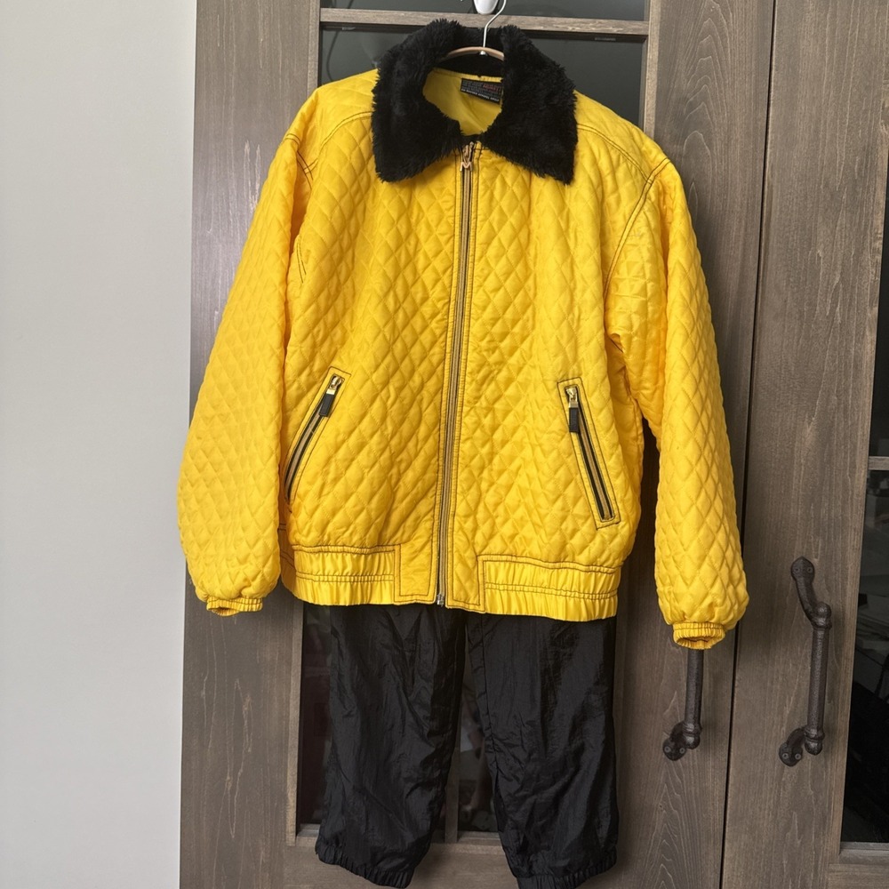 Vintage 90s Quilted Mureli 2 Piece Jacket Pant  Womens M Faux Fur Collar Yellow